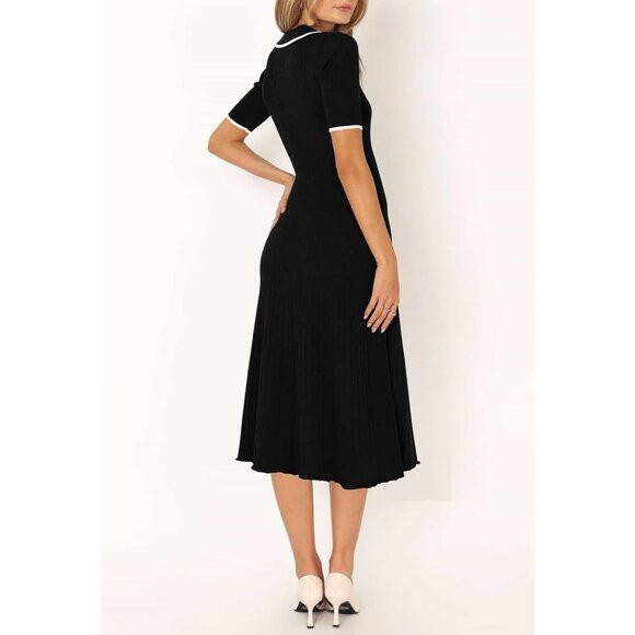 Pink Queen V Neck Short Women's Black Ribbed Swing Knit Midi Dresses - Picture 5 of 5